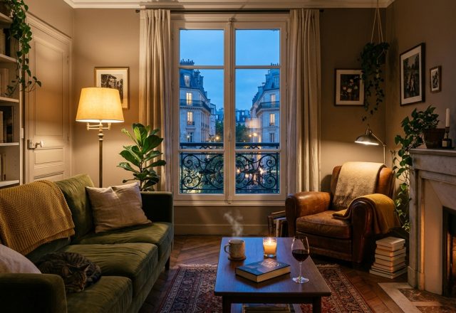 Cozy living room featuring warm ambient lighting from a floor lamp and fireplace during evening twilight.