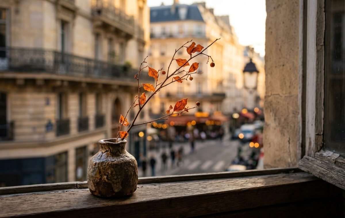 A rustic ceramic vase with an autumn branch sitting on a wooden window sill overlooking a city street.