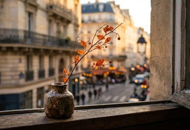 A rustic ceramic vase with an autumn branch sitting on a wooden window sill overlooking a city street.