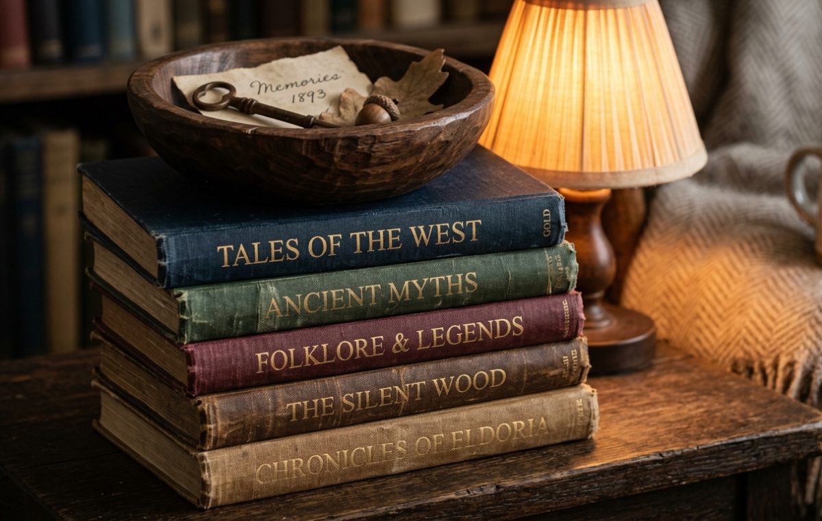 Vintage home library decor featuring a stack of antique books and a warm table lamp on a rustic wood table.