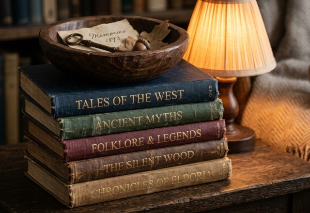 Vintage home library decor featuring an open antique book, dried lavender, and a fountain pen on textured linen.