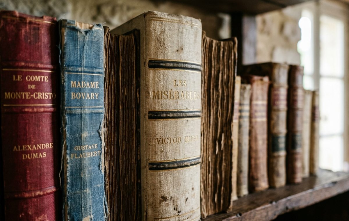 Vintage hardcover books on rustic wooden home library shelving