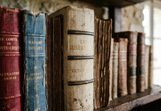 Vintage hardcover books on rustic wooden home library shelving