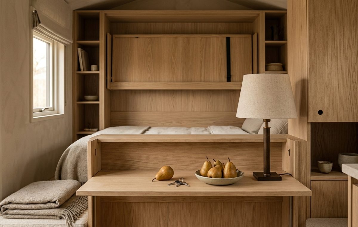Custom built-in joinery in light oak featuring a drop-down desk and recessed studio sleeping alcove.