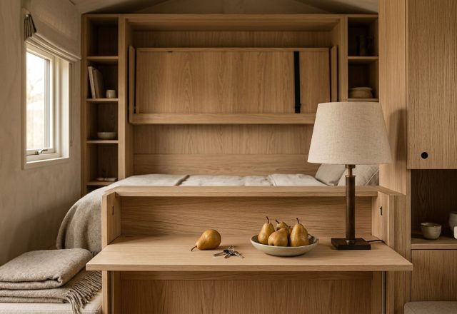 Custom built-in joinery in light oak featuring a drop-down desk and recessed studio sleeping alcove.