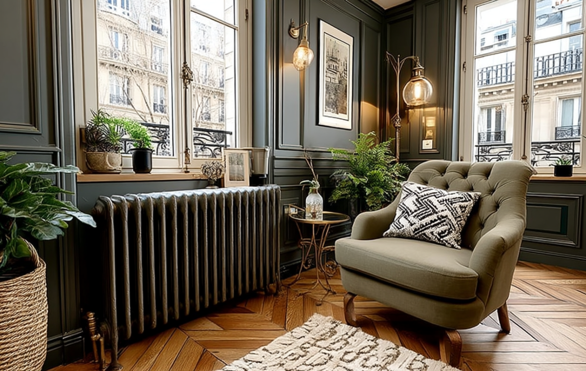 Cozy living room with dark green walls, cast iron radiator, herringbone floors, and an olive armchair.