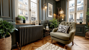 Cozy living room with dark green walls, cast iron radiator, herringbone floors, and an olive armchair.