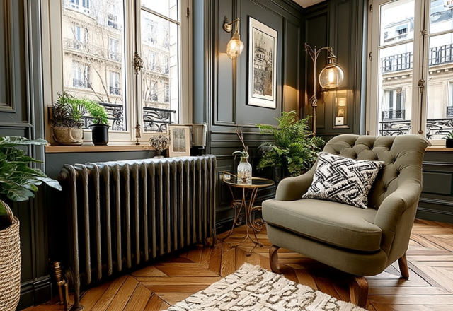 Cozy living room with dark green walls, cast iron radiator, herringbone floors, and an olive armchair.
