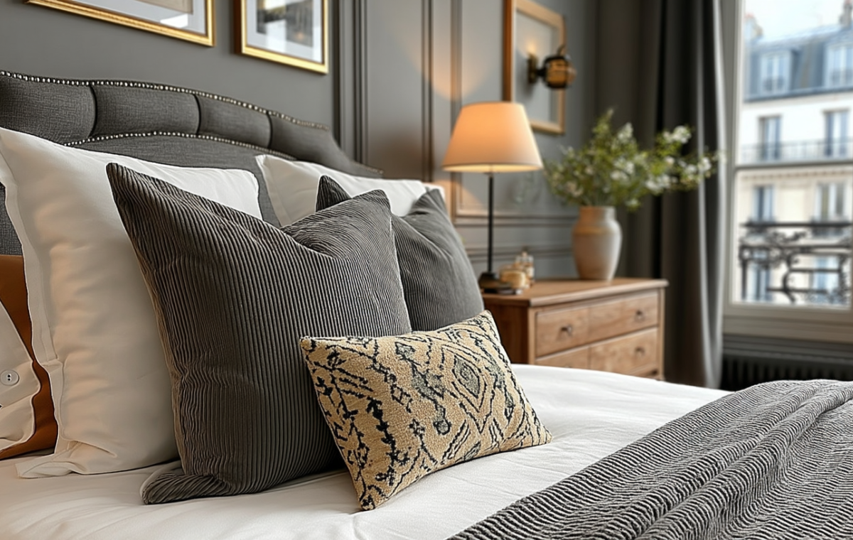 A cozy master bedroom featuring a dark grey upholstered headboard, textured pillows, and layered neutral bedding.