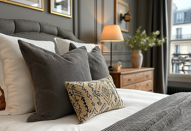 A cozy master bedroom featuring a dark grey upholstered headboard, textured pillows, and layered neutral bedding.