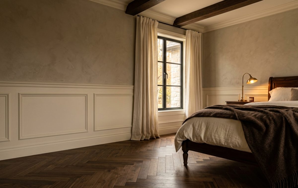 A cozy bedroom featuring dark herringbone wood floors, wainscoting panels, and warm morning light.