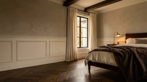 A cozy bedroom featuring dark herringbone wood floors, wainscoting panels, and warm morning light.