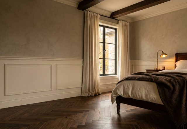 A cozy bedroom featuring dark herringbone wood floors, wainscoting panels, and warm morning light.
