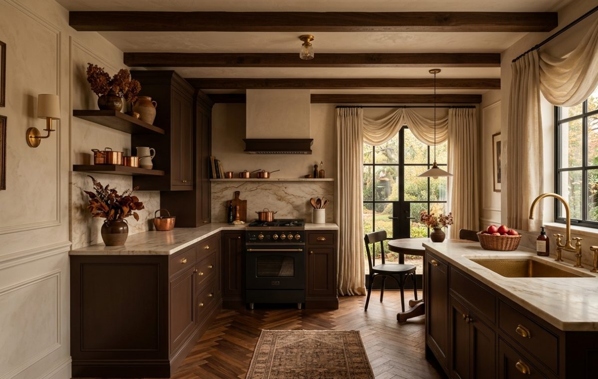 Dark moody kitchen design featuring dark brown cabinets, marble countertops, and warm brass hardware.