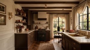 Dark moody kitchen design featuring dark brown cabinets, marble countertops, and warm brass hardware.