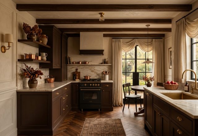Dark moody kitchen design featuring dark brown cabinets, marble countertops, and warm brass hardware.