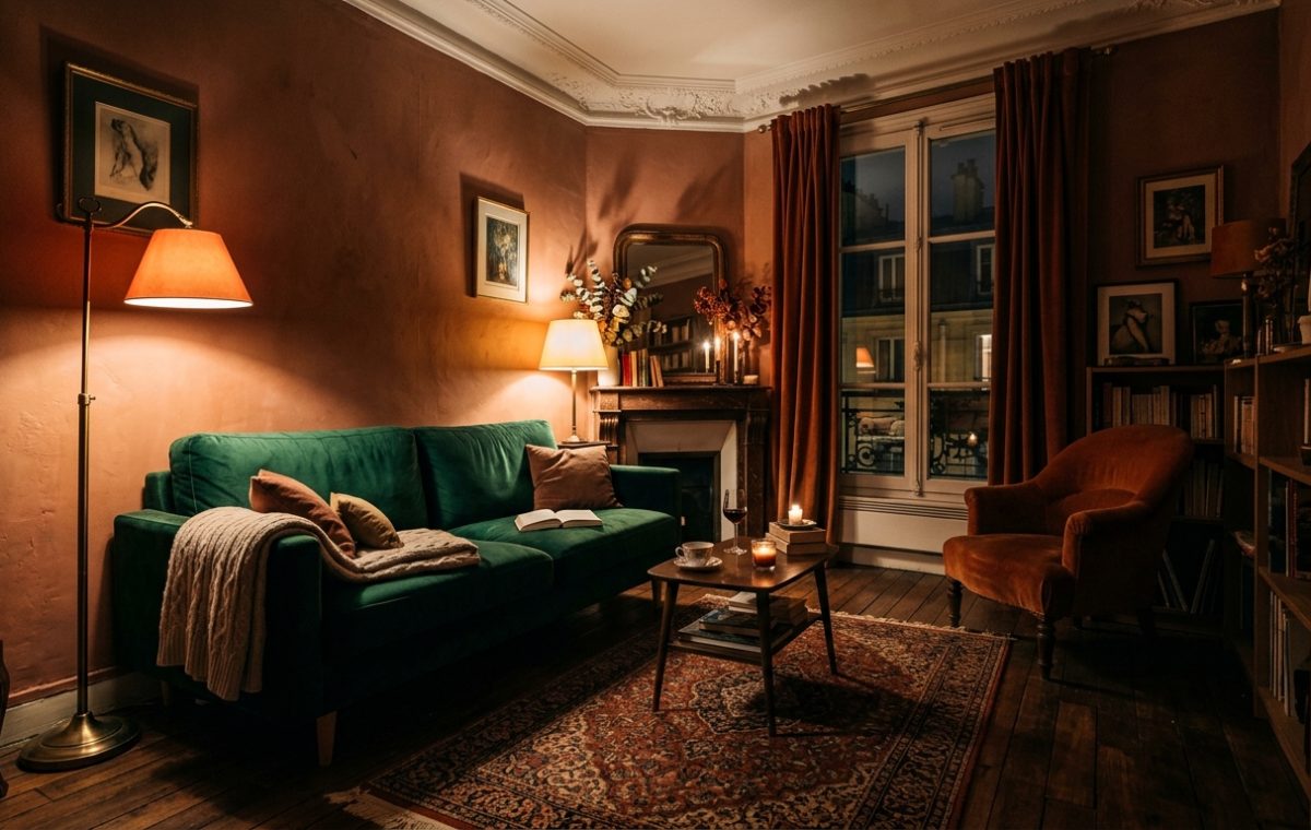 A cozy dark moody living room featuring a green velvet sofa, warm lighting, and vintage decor.