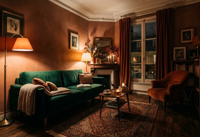 A cozy dark moody living room featuring a green velvet sofa, warm lighting, and vintage decor.