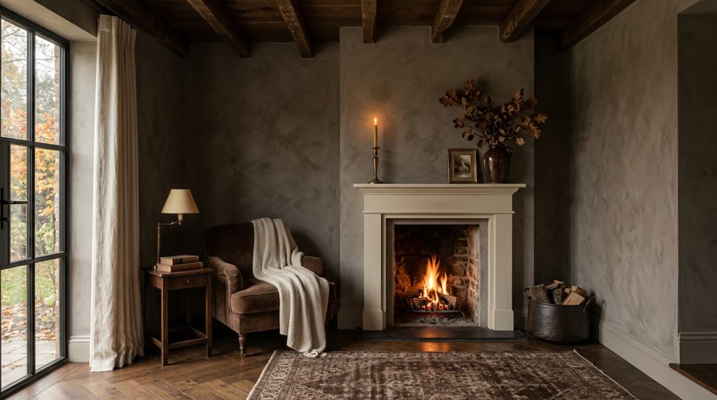 Dark Moody Living Room Ideas With Textured Fireplace Walls