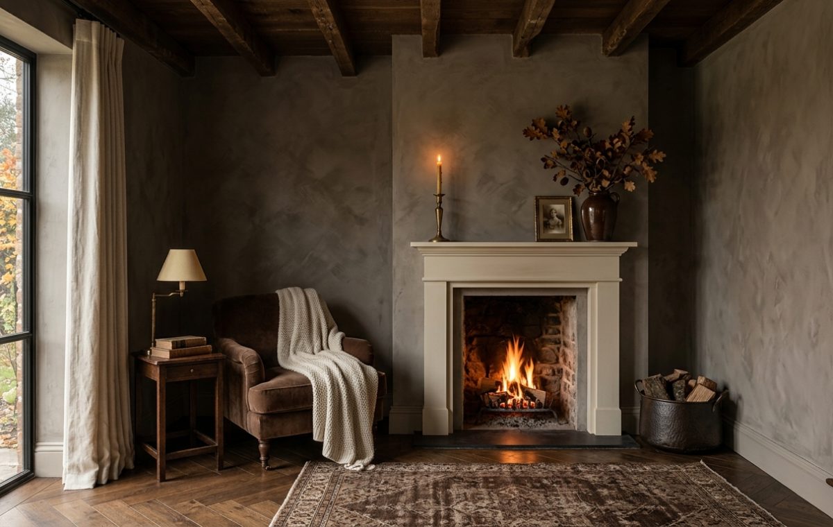 Cozy dark moody living room featuring limewash walls, a lit fireplace, and a velvet armchair with a knit throw blanket.
