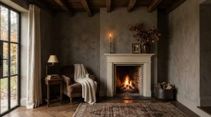 Cozy dark moody living room featuring limewash walls, a lit fireplace, and a velvet armchair with a knit throw blanket.