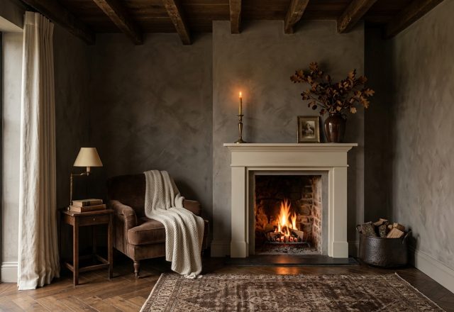 Cozy dark moody living room featuring limewash walls, a lit fireplace, and a velvet armchair with a knit throw blanket.