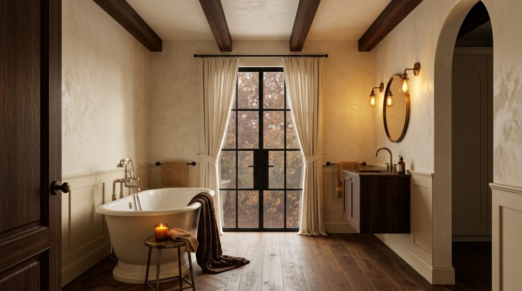 Dark Wood Beams Bathroom Design Rustic Elegance Ideas