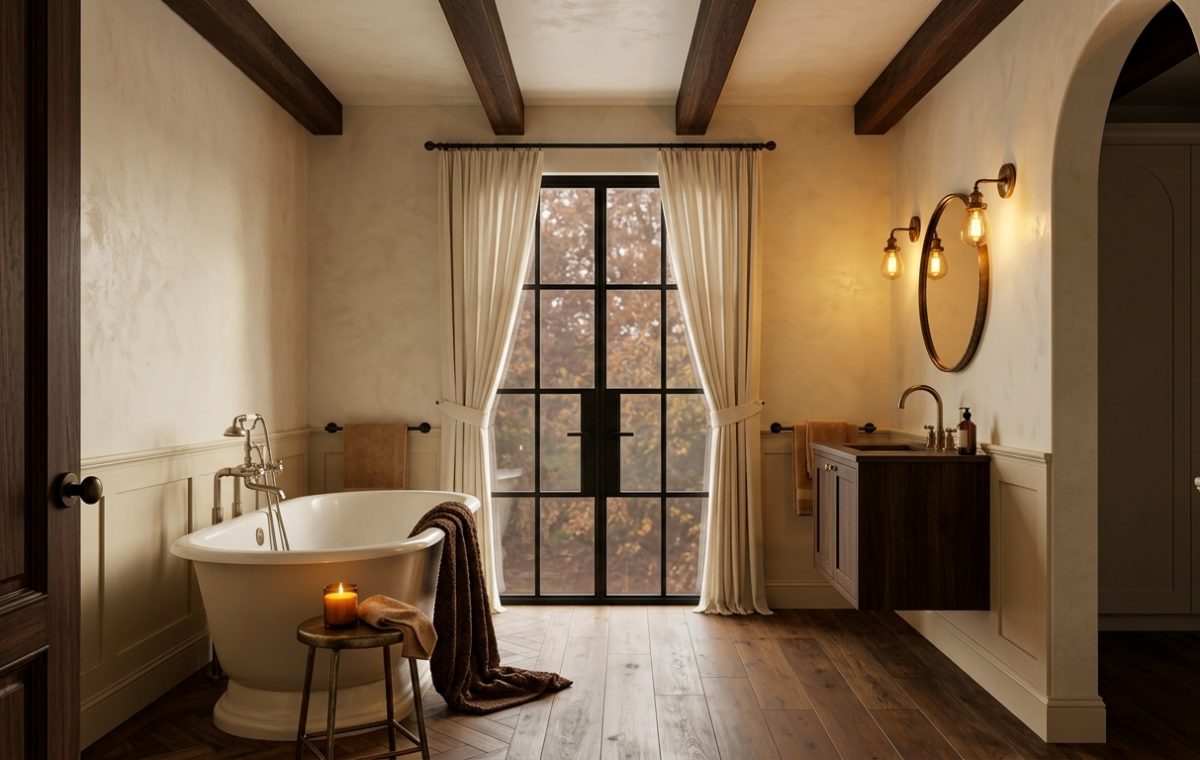 Luxurious primary bathroom featuring dark wood beams, a freestanding soaking tub, and moody lighting.