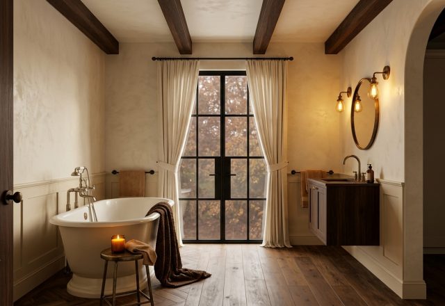 Luxurious primary bathroom featuring dark wood beams, a freestanding soaking tub, and moody lighting.