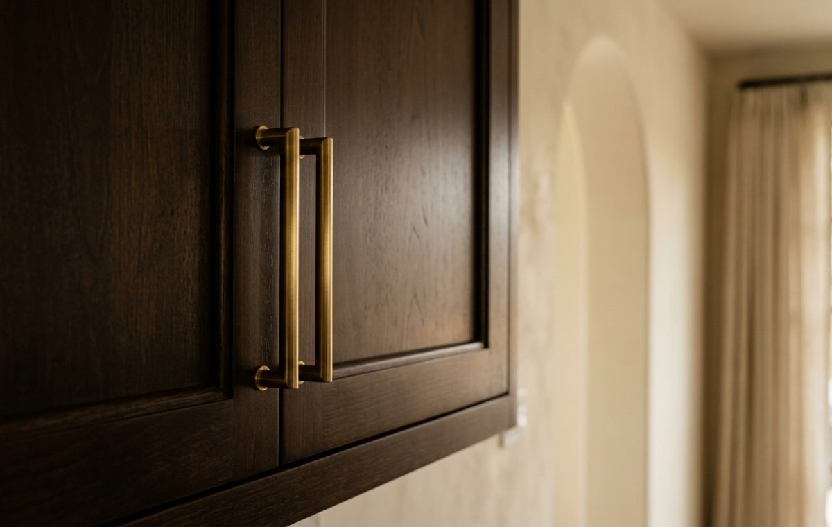 Close up of dark wood cabinets featuring sleek brushed brass hardware pulls in a transitional interior space.