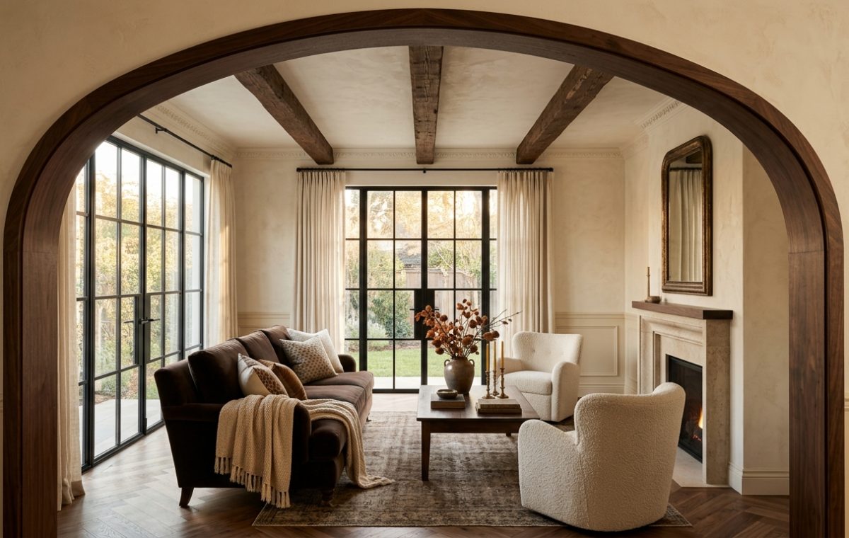 Transitional living room featuring dark wood ceiling beams, steel framed windows, and warm neutral walls.