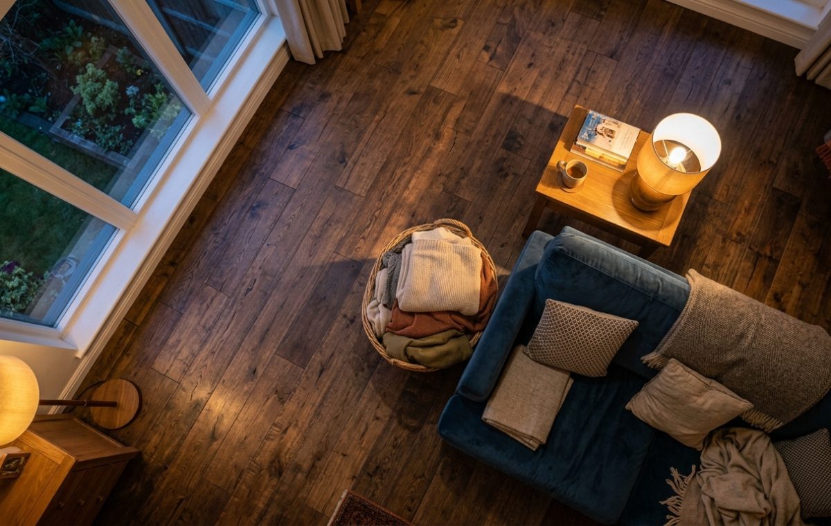 Overhead view of a cozy living room featuring dark wood flooring ideas and warm ambient lighting.