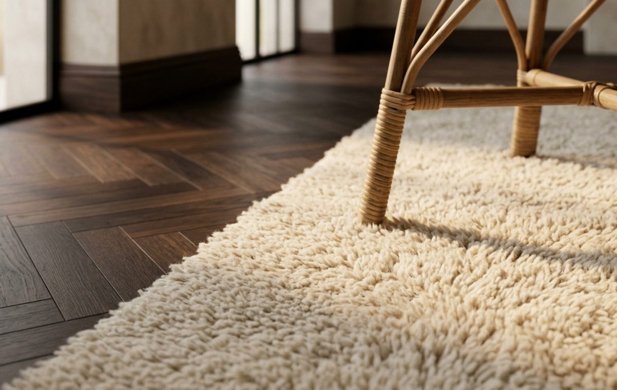 Dark wood herringbone flooring paired with a thick cream wool rug and modern rattan furniture.
