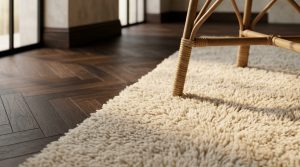 Dark wood herringbone flooring paired with a thick cream wool rug and modern rattan furniture.