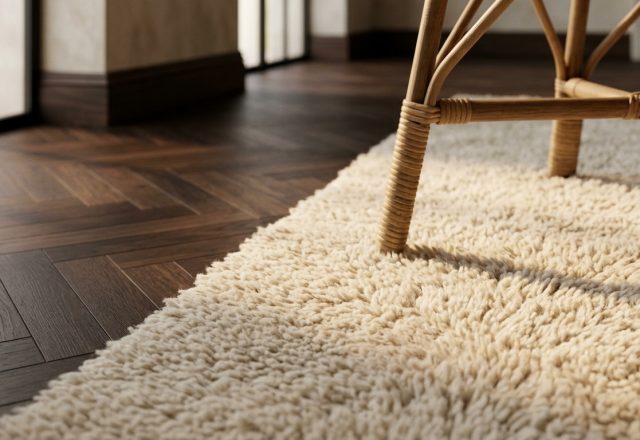Dark wood herringbone flooring paired with a thick cream wool rug and modern rattan furniture.