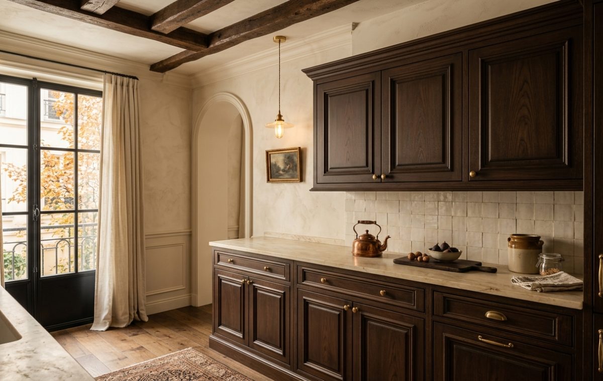 Elegant dark wood kitchen cabinets paired with stone countertops and brass hardware in a rustic room.