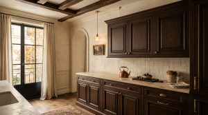 Elegant dark wood kitchen cabinets paired with stone countertops and brass hardware in a rustic room.
