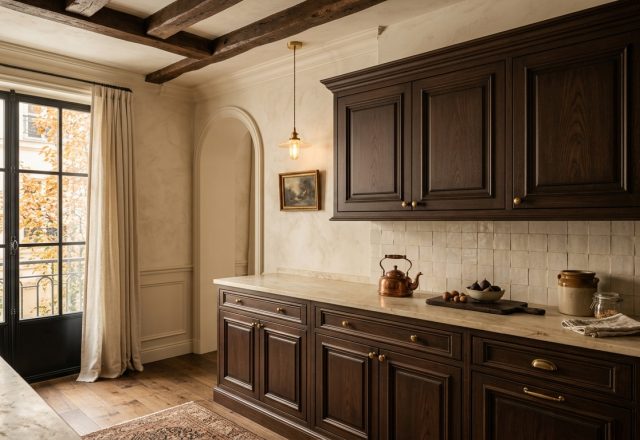 Elegant dark wood kitchen cabinets paired with stone countertops and brass hardware in a rustic room.