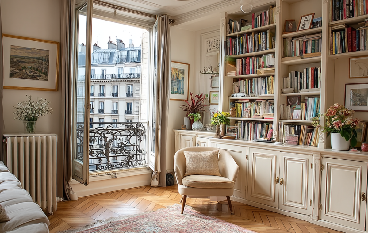 Bright French apartment living room featuring built-in bookshelves and herringbone floors.