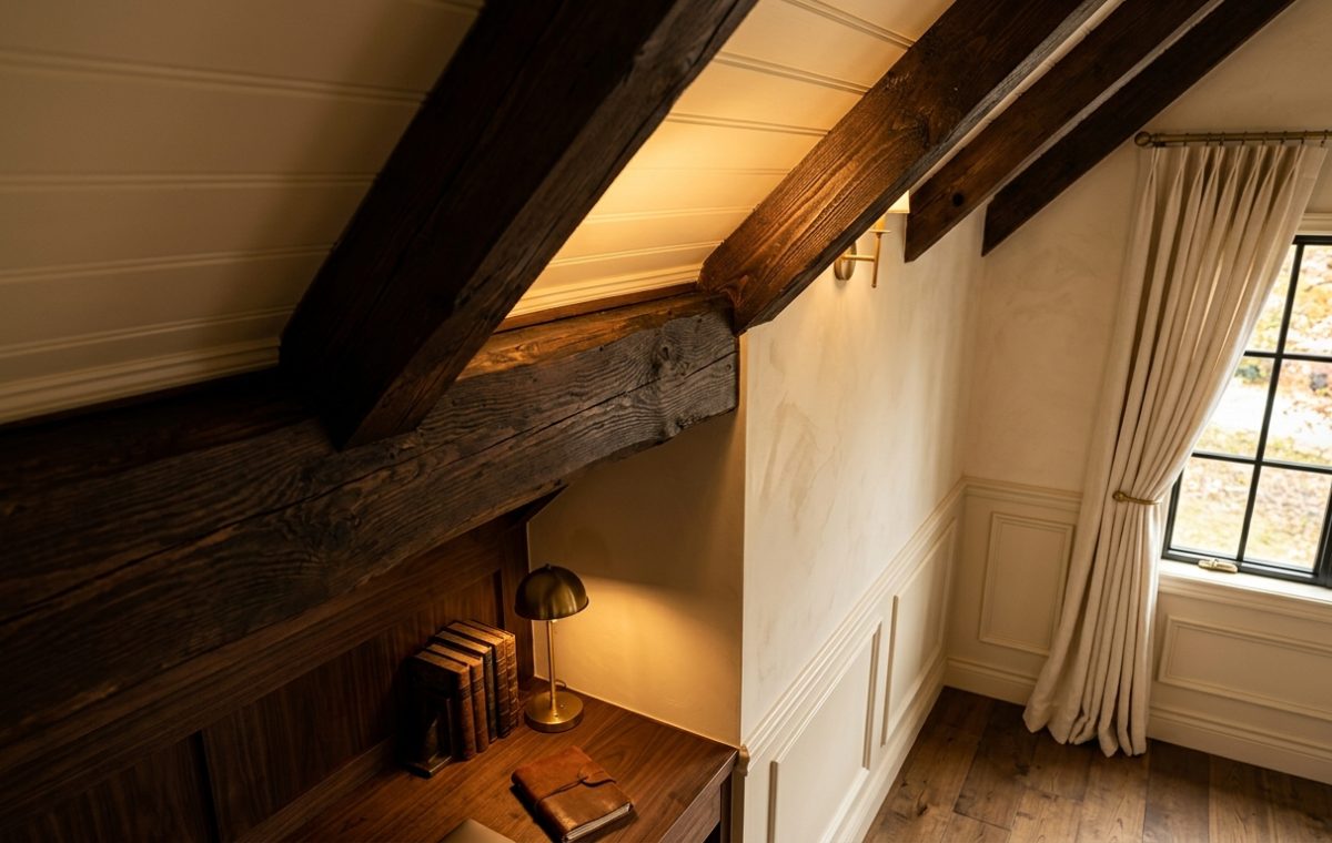 Cozy attic reading nook featuring dark wood beams, built-in wooden desk, and a brass lamp under a sloped ceiling.