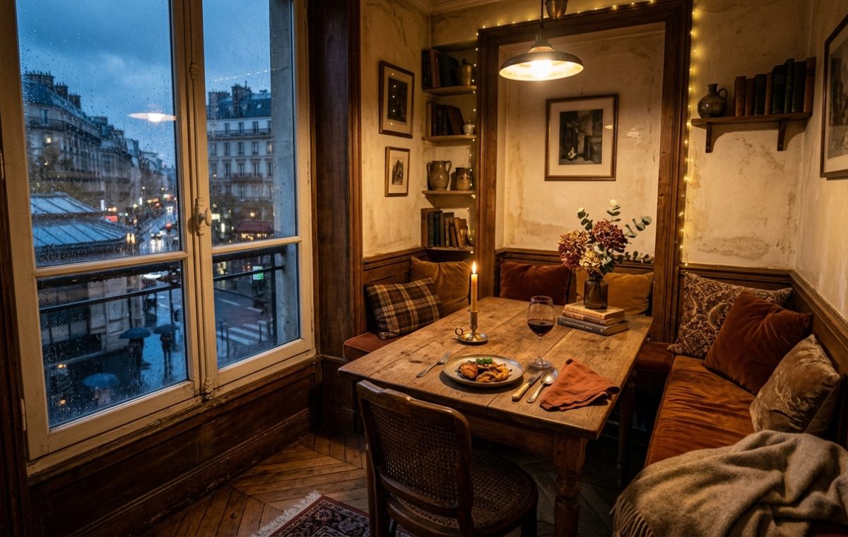 A cozy wooden breakfast nook featuring banquette seating and moody lighting next to a rainy window.