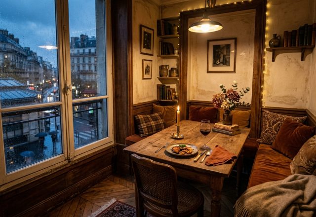 A cozy wooden breakfast nook featuring banquette seating and moody lighting next to a rainy window.