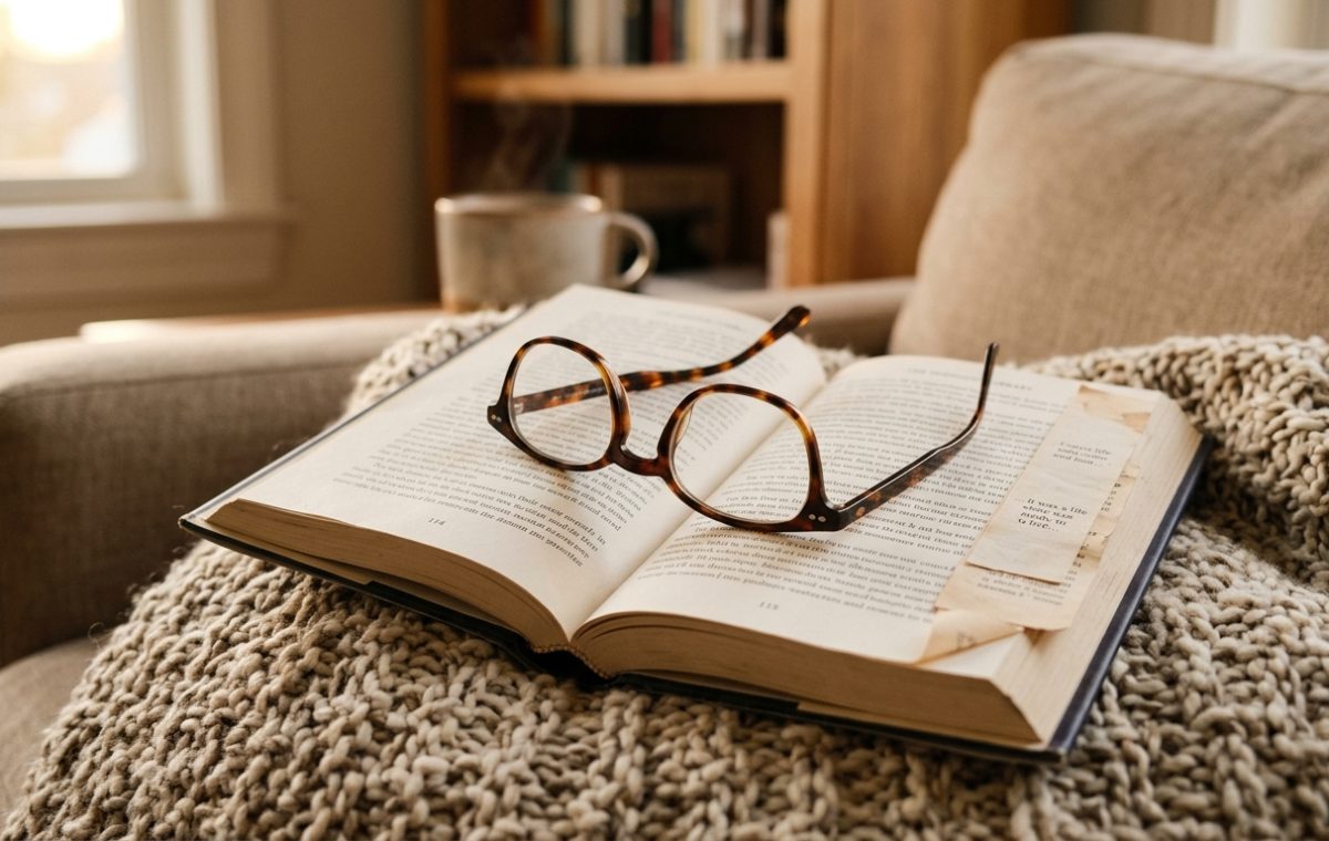 Cozy reading nook in a living room with an open book, reading glasses, and a knit blanket.