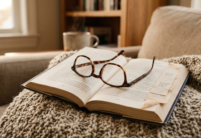 Cozy reading nook in a living room with an open book, reading glasses, and a knit blanket.