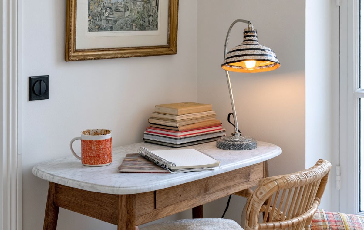 A cozy small home office setup featuring a marble-topped desk, a striped lamp, and a rattan chair.