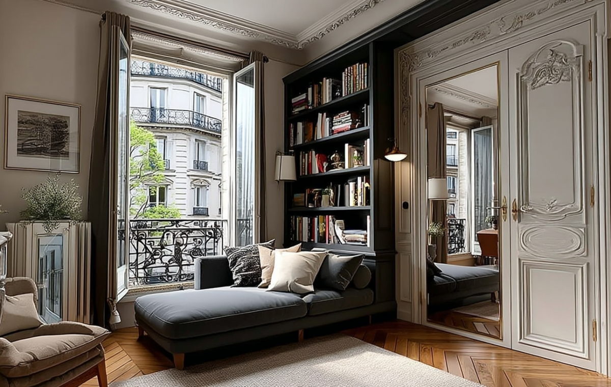 Cozy small space library reading nook featuring built-in black bookshelves and a gray daybed by a window.