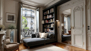 Cozy small space library reading nook featuring built-in black bookshelves and a gray daybed by a window.