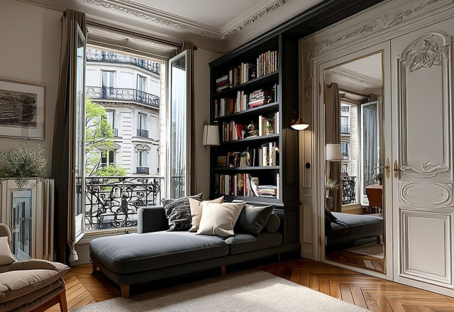 Cozy small space library reading nook featuring built-in black bookshelves and a gray daybed by a window.