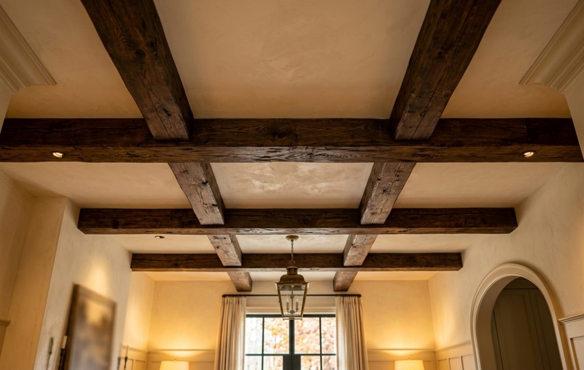 Living room ceiling featuring dark exposed wooden beams and a brass pendant light