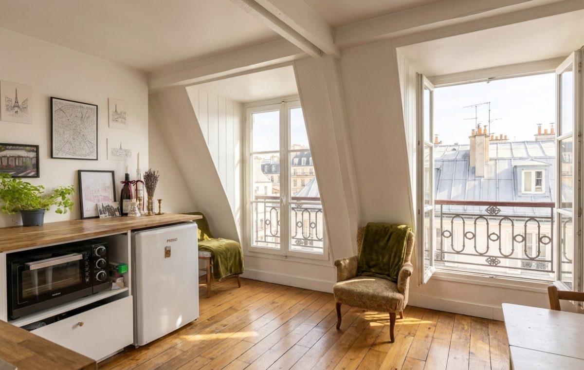 Bright attic studio apartment with sloped ceilings, wooden floors, and a compact kitchenette next to dormer windows.